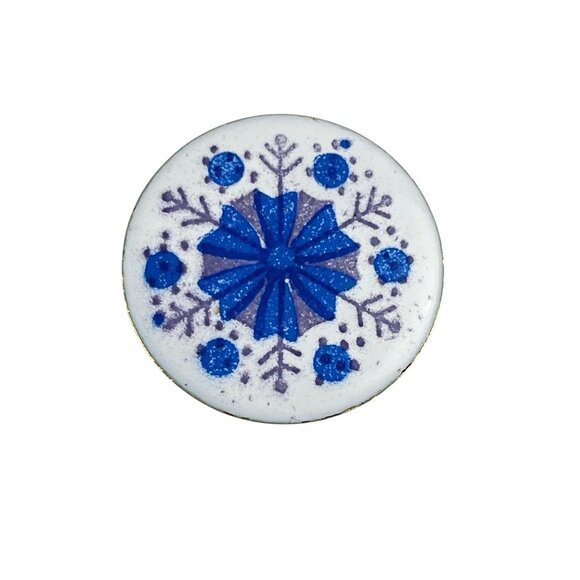 Vintage Holiday Snowflake Lapel Pin Blue & Purple Glitter Round Enamel Design - Picture 2 of 5